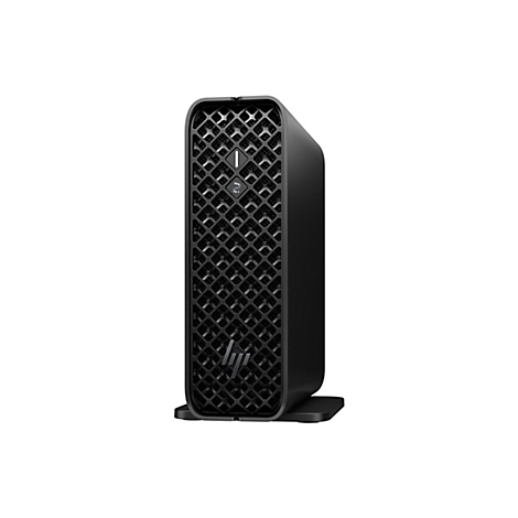 Ein schwarzer Computer, der auf einer Halterung steht, mit einem Wabenmuster-Design.