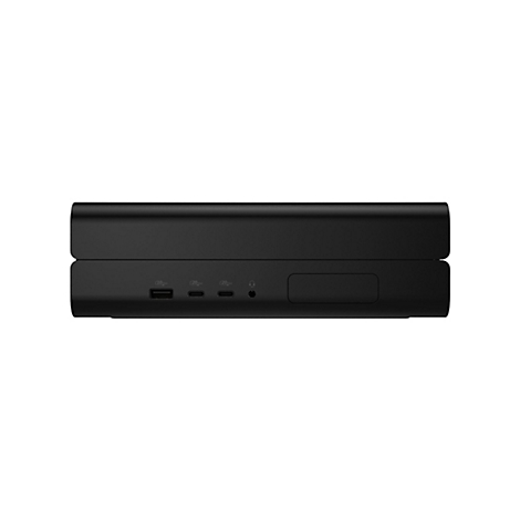 Schwarzer Media-Player mit verschiedenen Anschlüssen, wie USB und USB-C, vor weißem Hintergrund.
