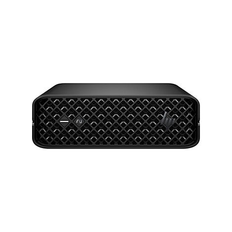 Schwarzer Mini-PC mit gerasterter Front. Vorne links: weißes Symbol. Rechts: HP-Logo.