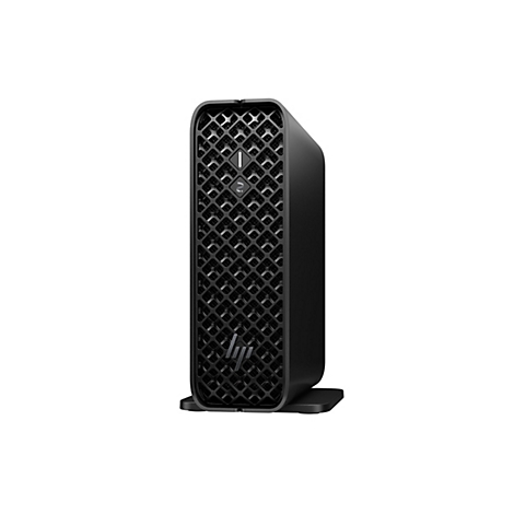 Schwarzer PC im Turmformat, mit Gitterstruktur, HP-Logo, Standfuß.