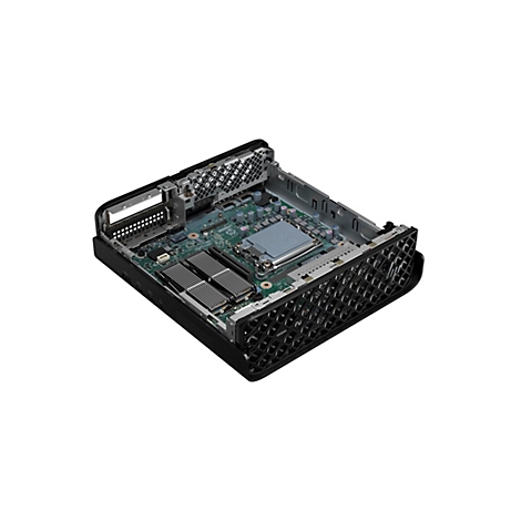 Ein offenes, schwarzes Computergehäuse mit freiliegender Platine, Kühlkörpern und Komponenten vor weißem Hintergrund.