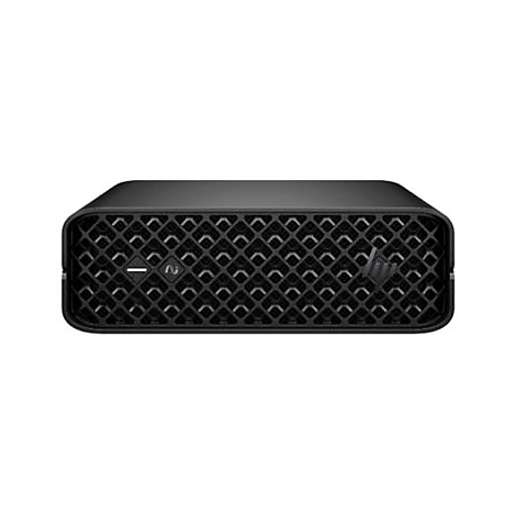 Schwarzer Mini-PC. Auf der Vorderseite ein Gittermuster mit HP-Logo.