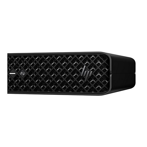 Schwarzer PC mit wabenförmigem Gitter und HP-Logo. Links ein Ein/Aus-Schalter.