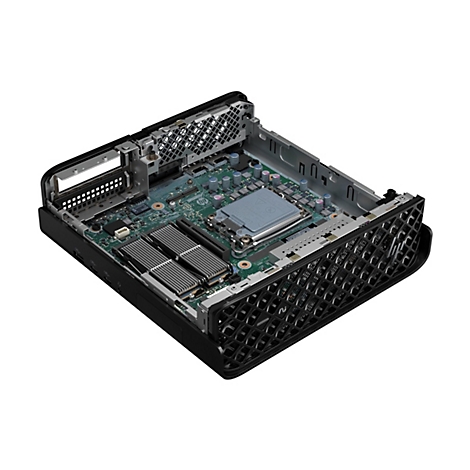 Geöffnete Computer-Hardware mit freiliegenden Komponenten, darunter eine grüne Hauptplatine, Kühlkörper und ein schwarzes Gehäuse.