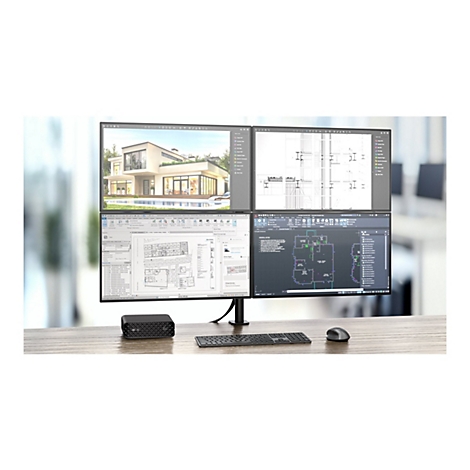 Ein Computerbildschirm mit vier Fenstern. Oben links ist ein Haus zu sehen, rechts oben ein Bauplan, unten links ein Architekturplan, und unten rechts ein weiterer Plan.