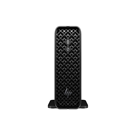 Schwarzer Mini-PC mit gitterförmiger Front. Oben ist ein Symbol, unten das HP-Logo.