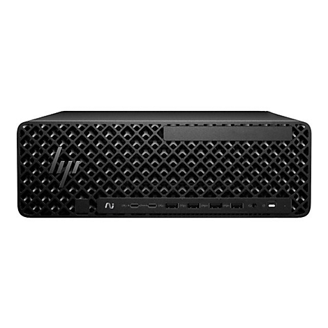 Schwarzer Desktop-PC mit HP-Logo. Auf der Frontseite sind Anschlüsse und Lüftungsschlitze zu sehen.