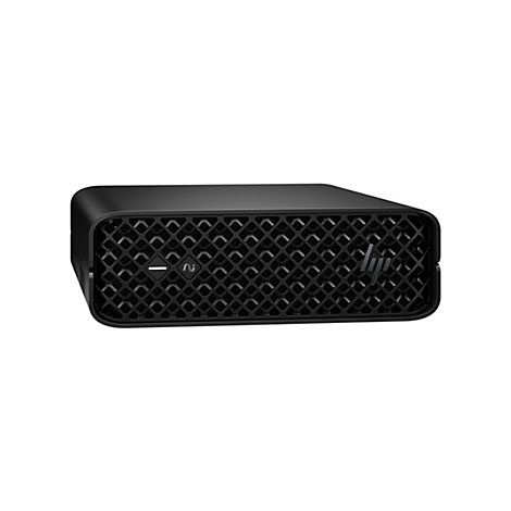 Schwarzer Mini-PC mit Gittermuster und Logo, auf weißem Hintergrund.