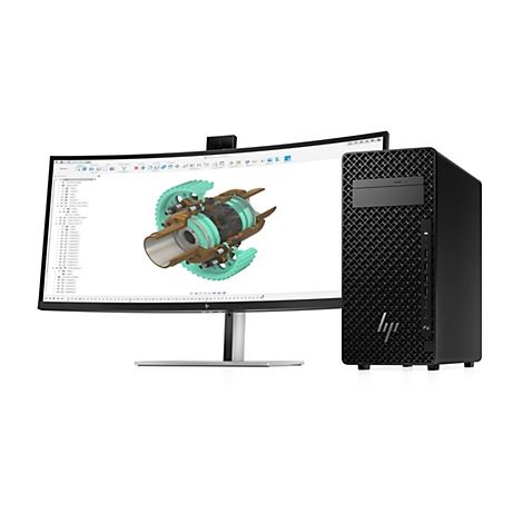 Ein schwarzer PC und ein gebogener Monitor zeigen ein 3D-Modell. Auf dem Monitor ist ein technisches Bauteil in Türkis und Bronze dargestellt. Der PC hat das HP Logo.