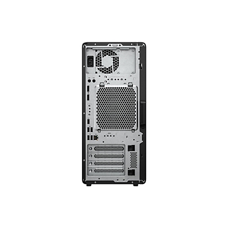 Rückseite eines schwarzen Computergehäuses mit Anschlüssen, Lüftern und einem Stromanschluss.