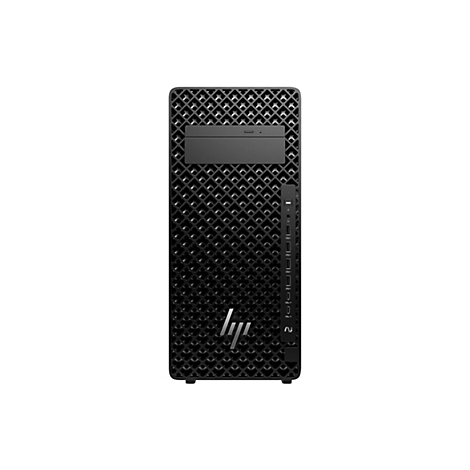 Schwarzer PC-Tower mit HP Logo, Gitterfront, Anschlüssen und Knöpfen an der Seite.