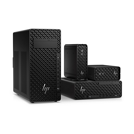 Verschiedene schwarze HP Workstations: eine große Tower-Workstation, eine kleinere Desktop-Workstation und zwei Mini-Workstations.