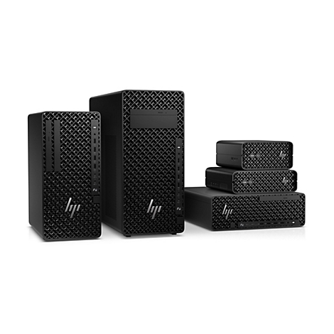 Verschiedene schwarze HP Workstation-Computer, vorne links ein Tower, dann ein größerer Tower, rechts drei kleinere Desktop-PCs.