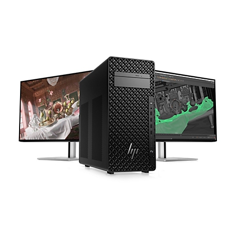 Schwarzer PC-Tower mit zwei Monitoren; einer zeigt Innenraum, der andere ein 3D-Modell.