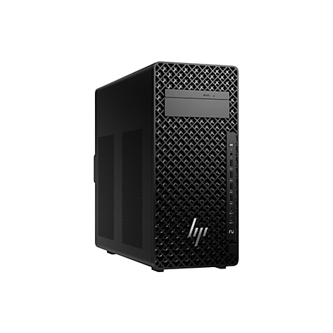 Schwarzer HP Workstation-Desktop-PC mit diamantförmigen Öffnungen. Auf der Vorderseite befinden sich Anschlüsse und das HP-Logo.