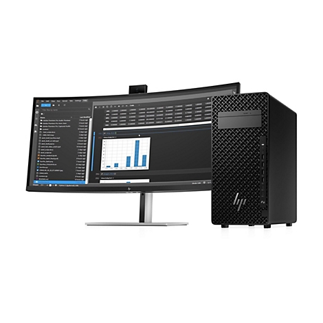 Ein schwarzer PC-Tower steht neben einem Monitor. Auf dem Monitor ist eine Programmieroberfläche zu sehen, die Diagramme und Code anzeigt. Die PC-Frontplatte hat ein Wabendesign und das HP-Logo.