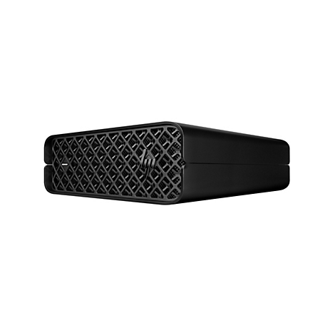 Ein schwarzer HP Desktop-PC auf weißem Hintergrund. Das Gitter auf der Vorderseite zeigt das HP-Logo.