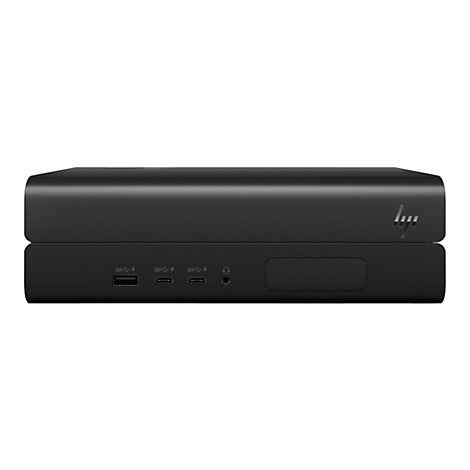 Schwarzer Mini-PC auf weißem Hintergrund. Ports und HP-Logo sind sichtbar.