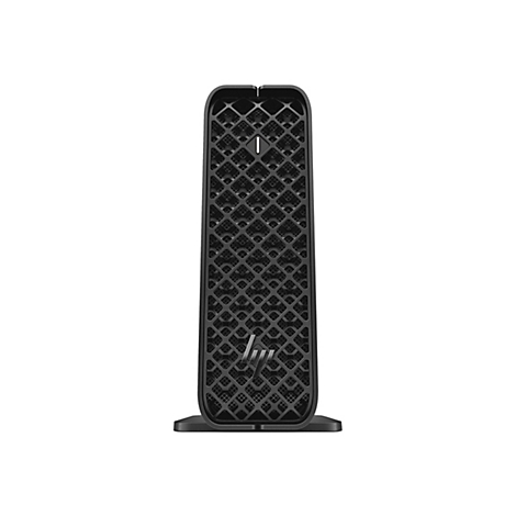 Ein schwarzer HP Mini PC vor weißem Hintergrund. Das Gehäuse hat ein Gittermuster. Unten ist das HP Logo.
