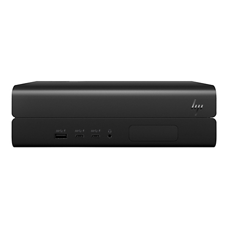 Schwarzer Desktop-PC mit HP-Logo und diversen Anschlüssen. Auf weißem Hintergrund.