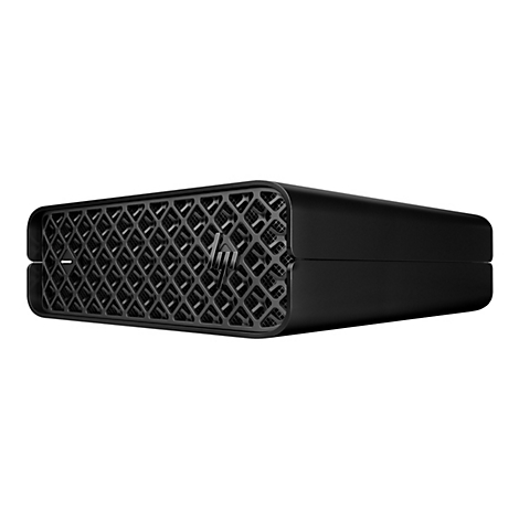 Schwarze, rechteckige HP-Computerkomponente mit einem wabenförmigen Gitter an der Vorderseite und dem HP-Logo.