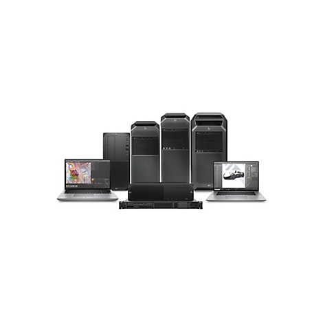 Eine Reihe von Arbeitscomputern, darunter Laptops und Tower-PCs, vor weißem Hintergrund.