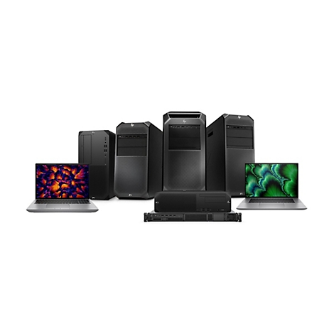 Eine Produktaufstellung von HP Z Workstations, darunter Laptops, Tower-PCs und ein Server. Die Geräte sind auf weißem Hintergrund isoliert.