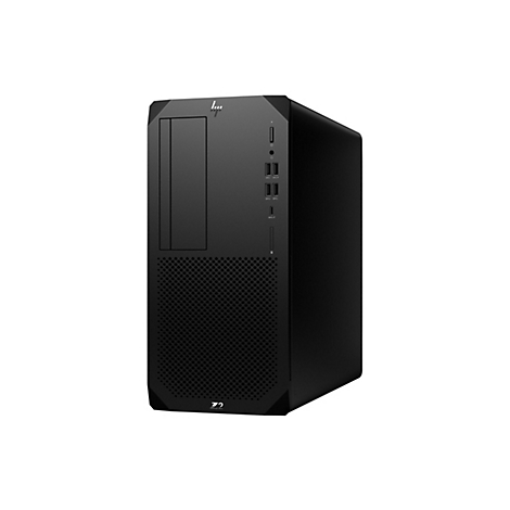 Schwarzer HP Z2 Tower-PC vor weißem Hintergrund. Frontansicht mit Belüftungsöffnungen, Anschlüssen und HP-Logo.
