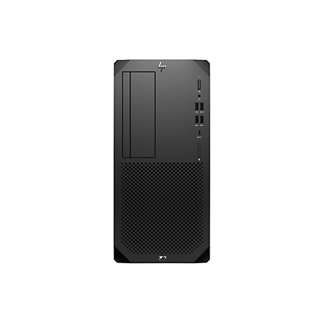 Ein schwarzer Desktop-Computer mit perforierter Vorderseite und HP-Logo. Oben ein Ein-/Ausschalter, USB-Anschlüsse.
