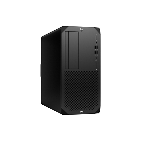 Ein schwarzer Desktop-Computer vor weißem Hintergrund. Auf der Frontseite befinden sich Anschlüsse und das HP-Logo. Das Gehäuse hat eine perforierte Front.