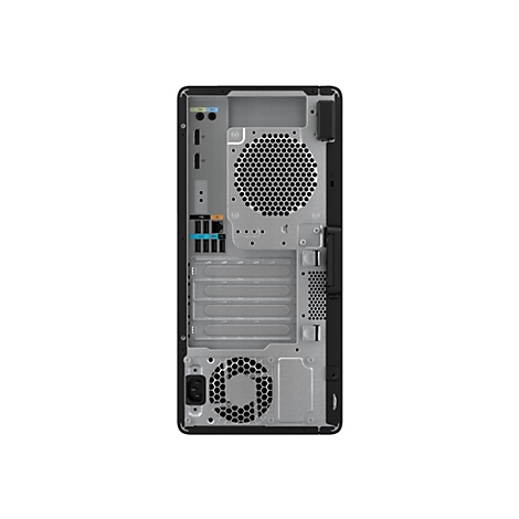 Rückseite eines Desktop-PCs, grau und schwarz, mit Lüftern, Anschlüssen und Stromanschluss.