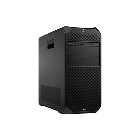 Schwarzer Desktop-PC vor weißem Hintergrund. Er hat viele Anschlüsse an der Vorderseite.