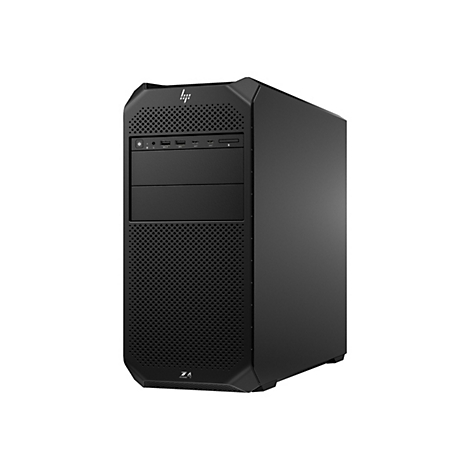 Schwarzer PC-Tower mit perforierter Front und verschiedenen Anschlüssen. Das HP Logo befindet sich oben.