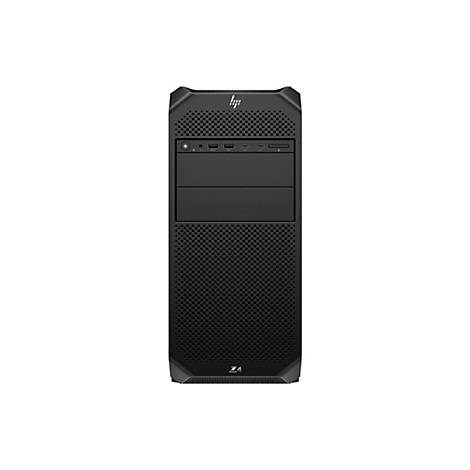 Schwarzer PC-Tower mit Lochmuster und HP-Logo. Oben befinden sich Anschlüsse für Peripheriegeräte.