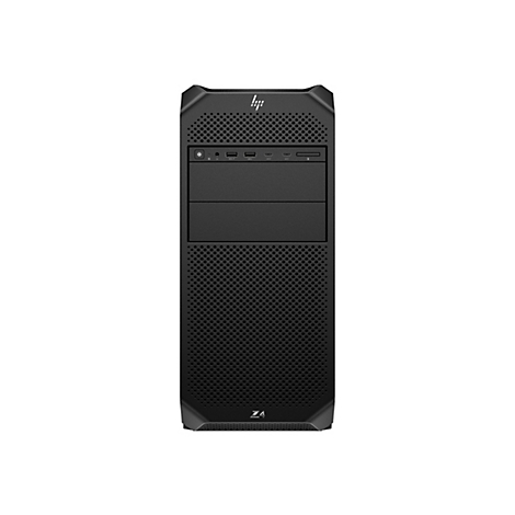 Schwarzer HP Z4 Tower-Computer. Die Front ist perforiert. Oben befinden sich Anschlüsse und ein HP-Logo.