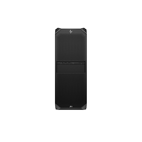 Schwarzer PC-Tower mit Perforierung, HP-Logo und diversen Anschlüssen.
