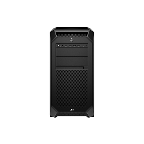 Schwarzer PC-Tower, Frontansicht, mit Logo und Anschlüssen. Auf weißem Hintergrund.