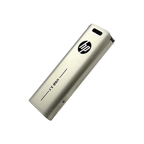 Ein silberner HP USB-Stick auf weißem Hintergrund. Mit Logo und Schriftzügen wie USB 3.1 und 128 GB.