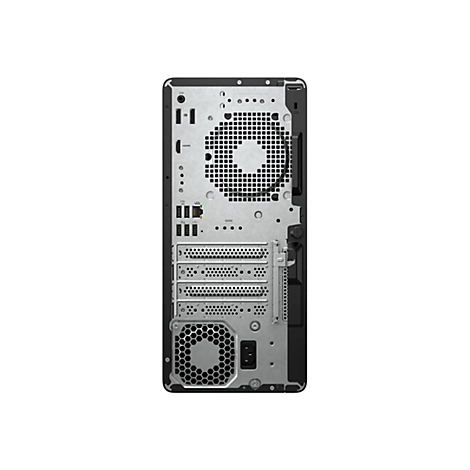 Rückseite eines Computer-Tower-Gehäuses mit Lüfter, Anschlüssen und Ein- und Ausgängen. Der Hintergrund ist weiß.
