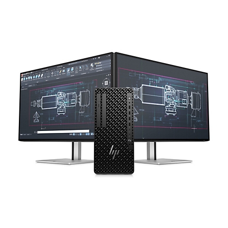 Ein schwarzer HP Desktop-PC steht zwischen zwei Monitoren, die technische Zeichnungen zeigen.