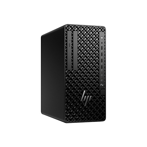 Schwarzer Desktop-PC, Frontansicht. HP-Logo unten rechts. Gelochte Front mit Anschlüssen, USB-Ports und Power-Button.
