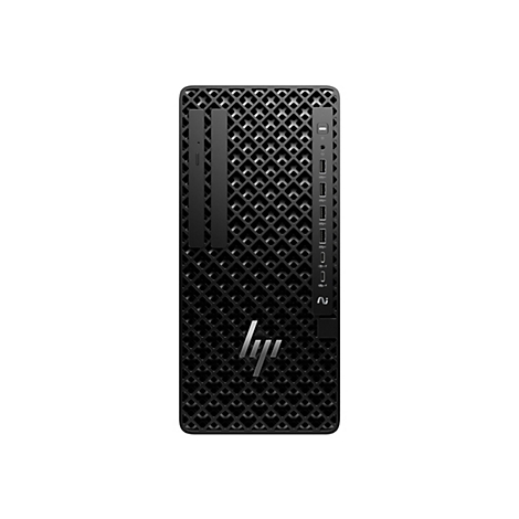 Schwarzer PC-Tower mit HP-Logo; Lochmuster-Gehäuse, diverse Anschlüsse.