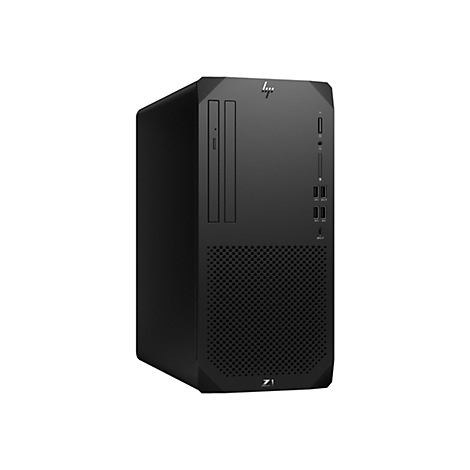 Schwarzer HP Z1 Tower-PC, Frontansicht. Oberhalb des perforierten Bereichs befinden sich Anschlüsse und Laufwerk.