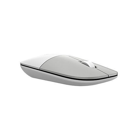 Eine elegante, flache, graue kabellose Computermaus mit weißem Scrollrad vor weißem Hintergrund.