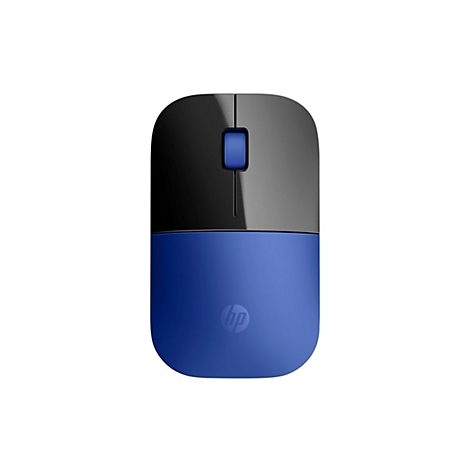 Kabellose Computermaus in Schwarz-Blau. Schwarzer oberer Teil mit blauem Scrollrad, blauer unterer Teil mit HP Logo.