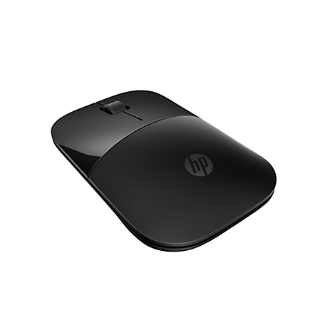 Schwarze HP-Maus auf weißem Hintergrund, mit HP-Logo. Das Design ist schlank und elegant.