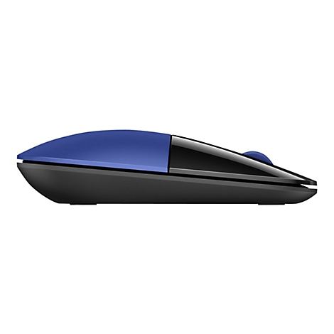 Seitliche Ansicht einer modernen, flachen Computermaus in Blau und Schwarz mit glänzendem Finish.