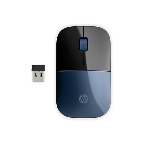 Drahtlose HP Maus in glänzendem Blau und Schwarz mit kleinem USB-Empfänger auf weißem Hintergrund.