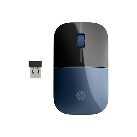 Drahtlose HP-Maus in Blau und Schwarz mit USB-Empfänger auf weißem Hintergrund.