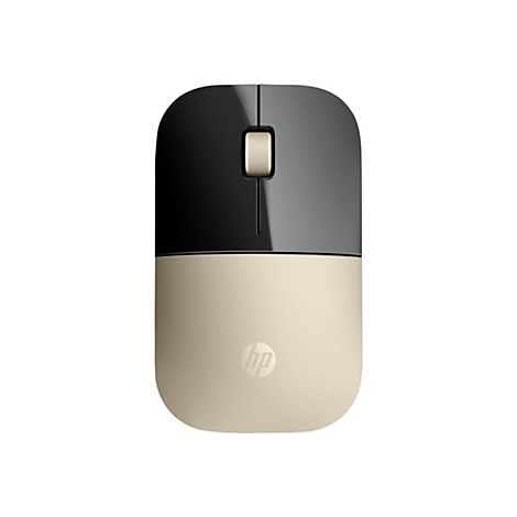Drahtlose Computermaus, zweifarbig: Schwarz und Beige. HP-Logo.